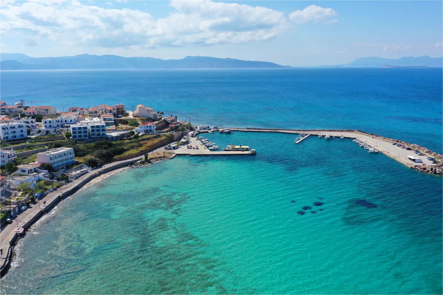 Aerial Photo Of Small Picturesque Village Beach And Port Of Megalochori In Agistri