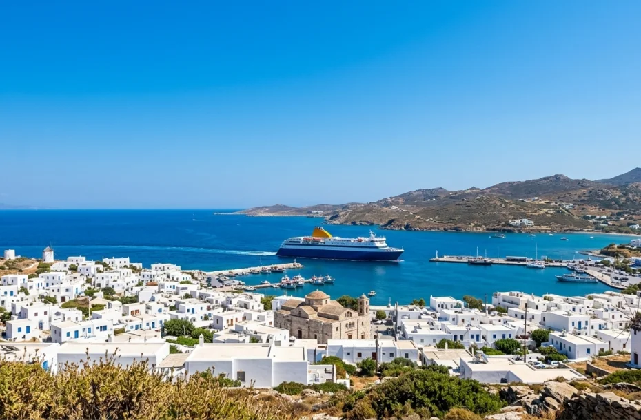 Conventional ferry reaching the port of Paros