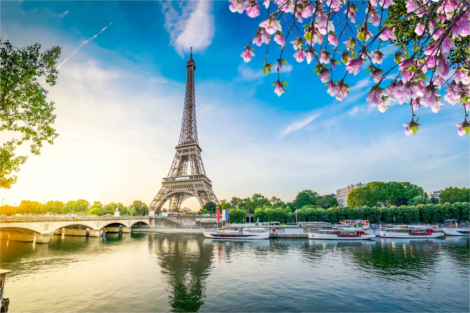 view of the Eiffel Tower And River Seine With Sunrise In Paris, France