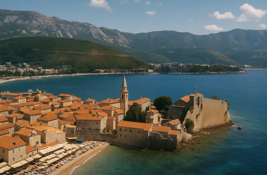 View of the Old Town of Budva with its scenic houses and crystal clear waters