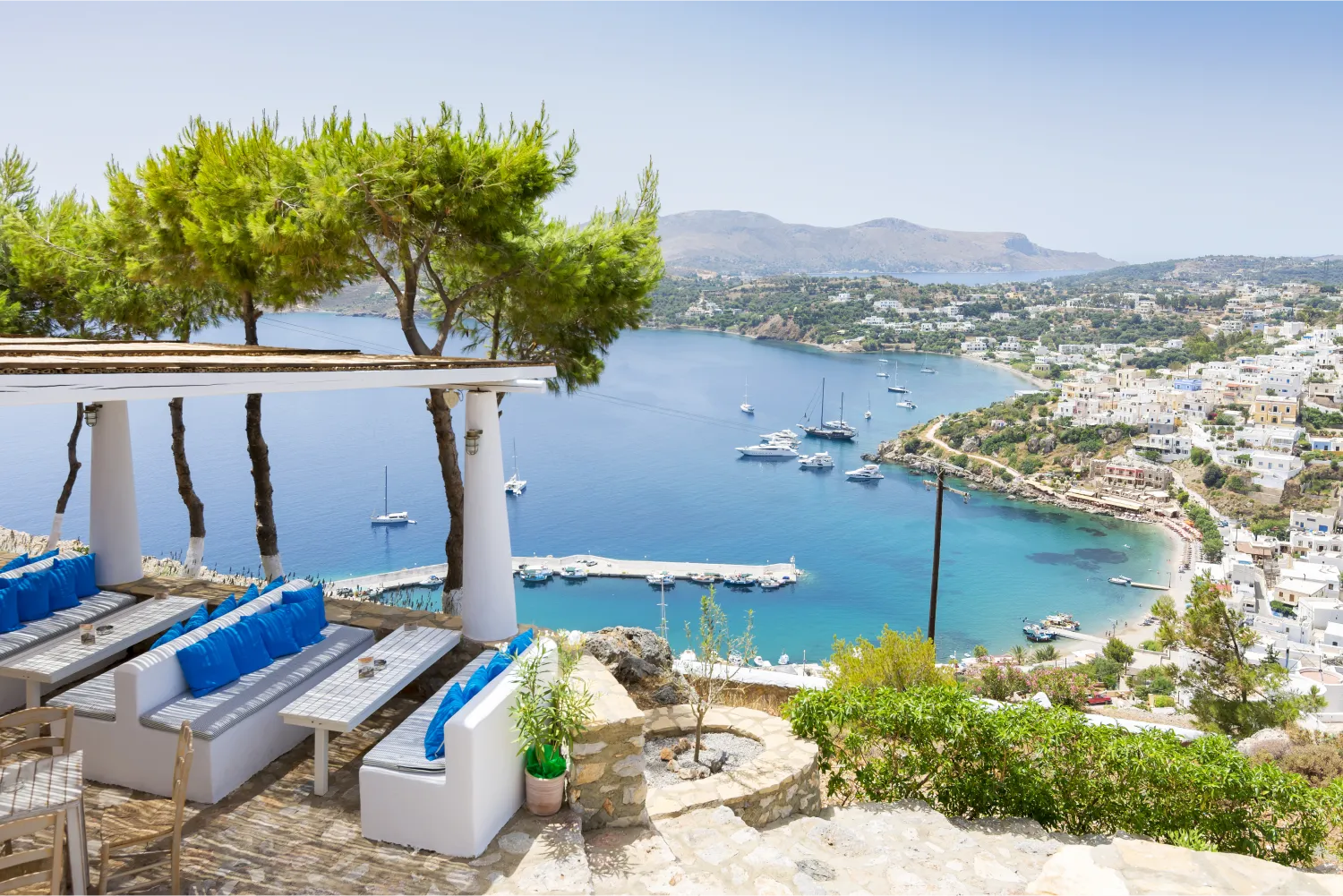 View of Panteli Beach, In Leros, from a terrace cafe