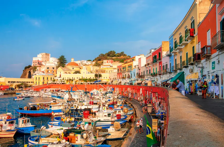 View of the small port at Ponza, Lazio, Italy. Colorful houses and traditional boats