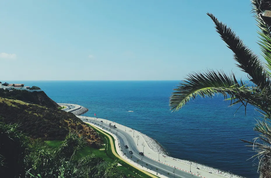 View of coastal road leading to the port of Tangier Med