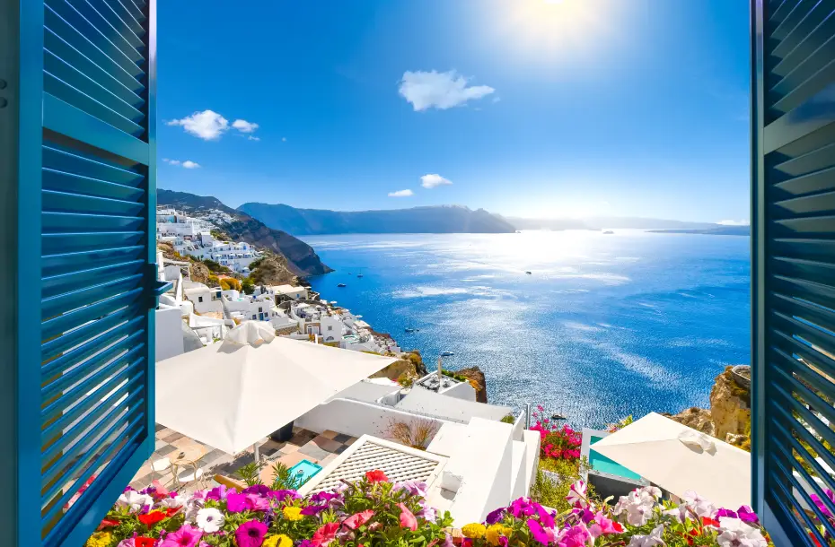 Ocean view from a window in Oia, Santorini, Greece