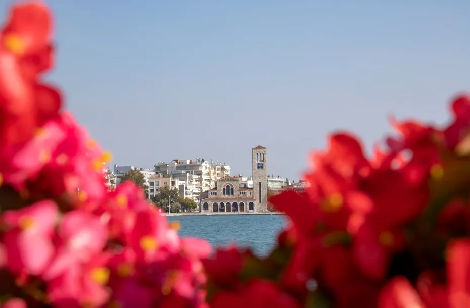 View of a church through a bougainvillea in Volos