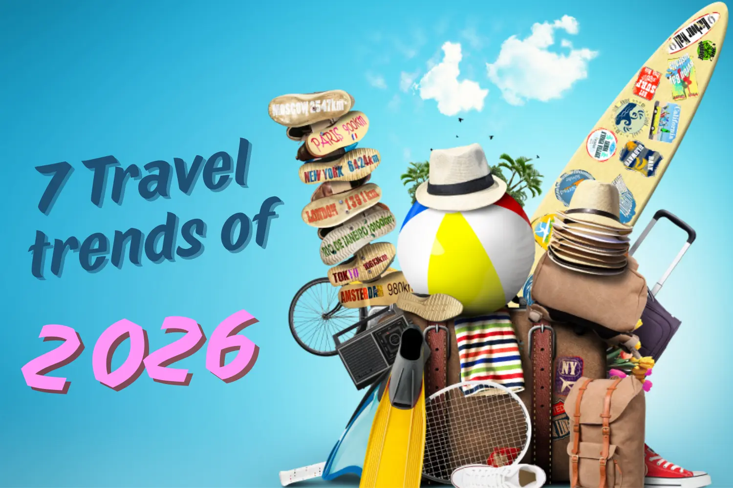Luggage, hats, shoes, flippers and general essentials, with blue sky background, indicating summer vacations