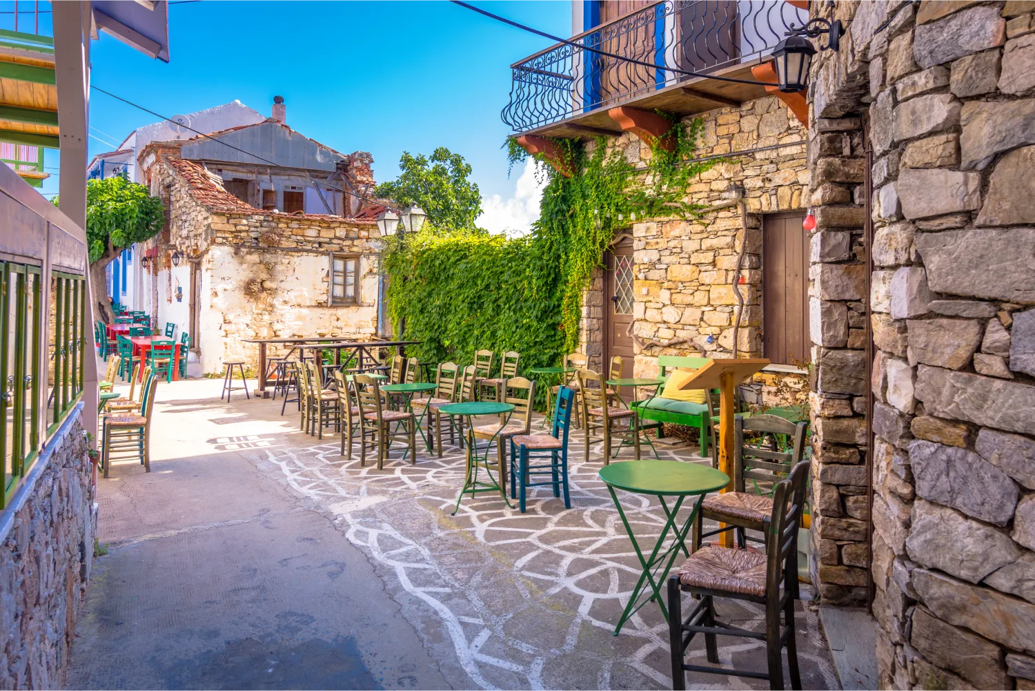 The pebbled streets and rocky houses of Alonissos' Chora