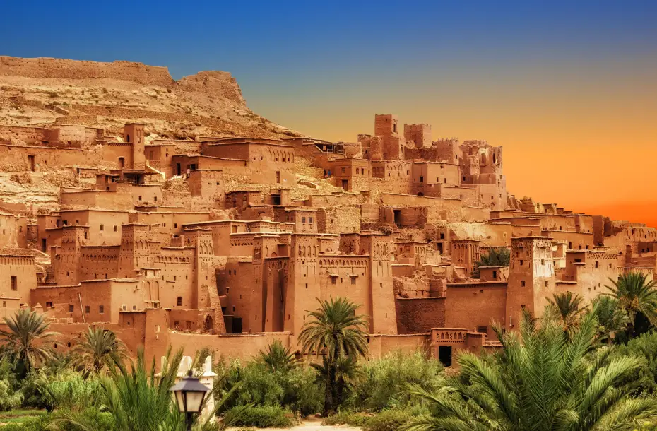 View of Kasbah Ait Ben Haddou next to High Atlas Mountains, Morocco