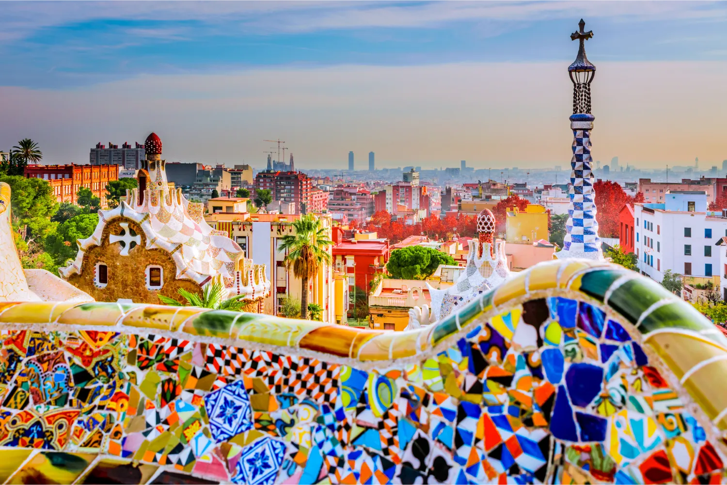 View to the city from the colorful Park Guell in Barcelona