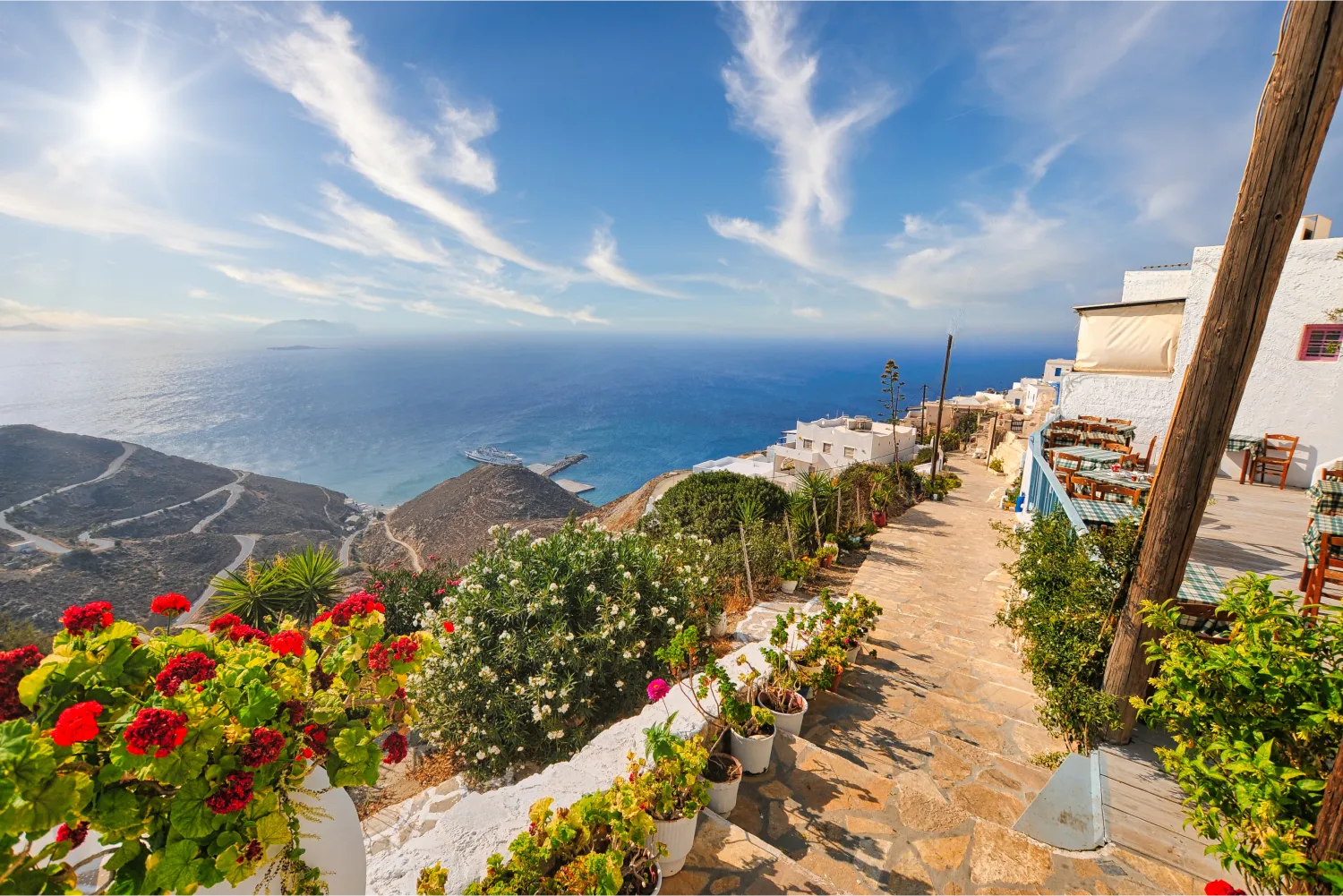 The Chora of Anafi overlooking the endless blue sea