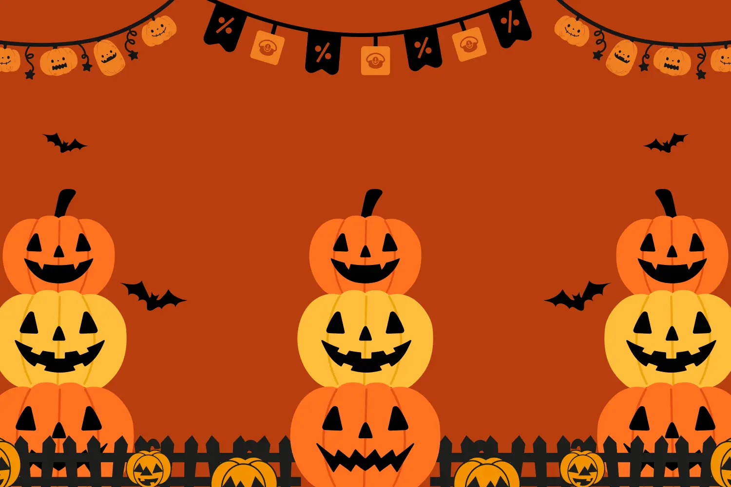 Illustration of a Halloween scene with stacked pumpkin lanterns, flying bats, and festive garlands on an orange background. Black garden fences and smiling pumpkins are visible at the bottom.