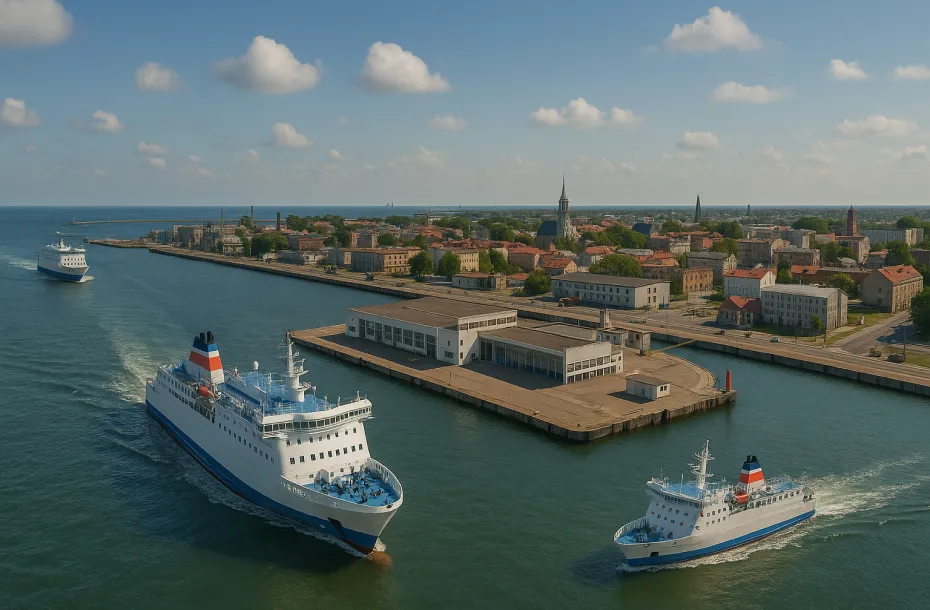 Liepaja ferry port with ferries departing