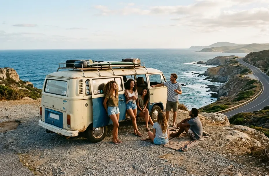 A group of six young friends on a scenic road trip, gathered around a vintage cream and blue camper van with surfboards on the roof, parked safely at a cliffside overlook. Three women are leaning against the open sliding door, a man stands chatting with them and two others are sitting on a blanket on the ground. In the background, a winding coastal highway stretches along a rocky shoreline and the blue ocean under a soft sunset sky.