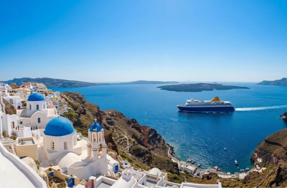 Conventional ferry reaching the port of Santorini
