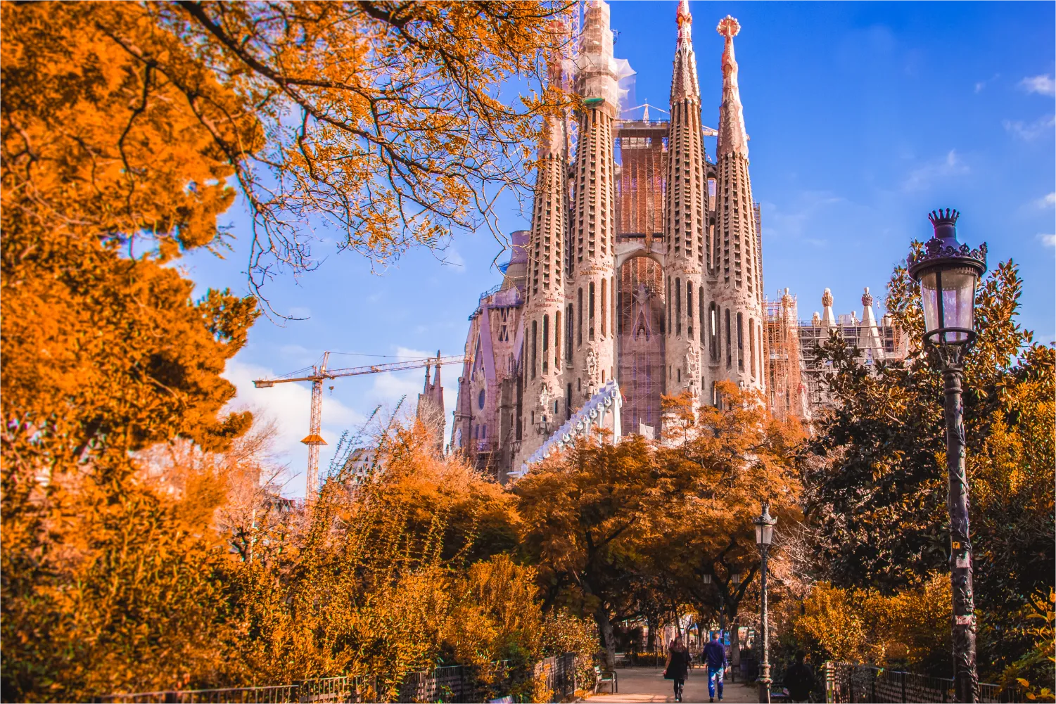 Autumn view of Basilica Of The Sagrada Familia In Barcelona, Spain