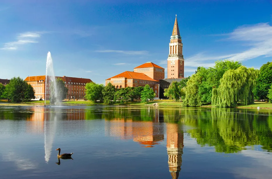Town Hall Tower, Opera House and Hiroshima Park in the city of Kiel, Germany