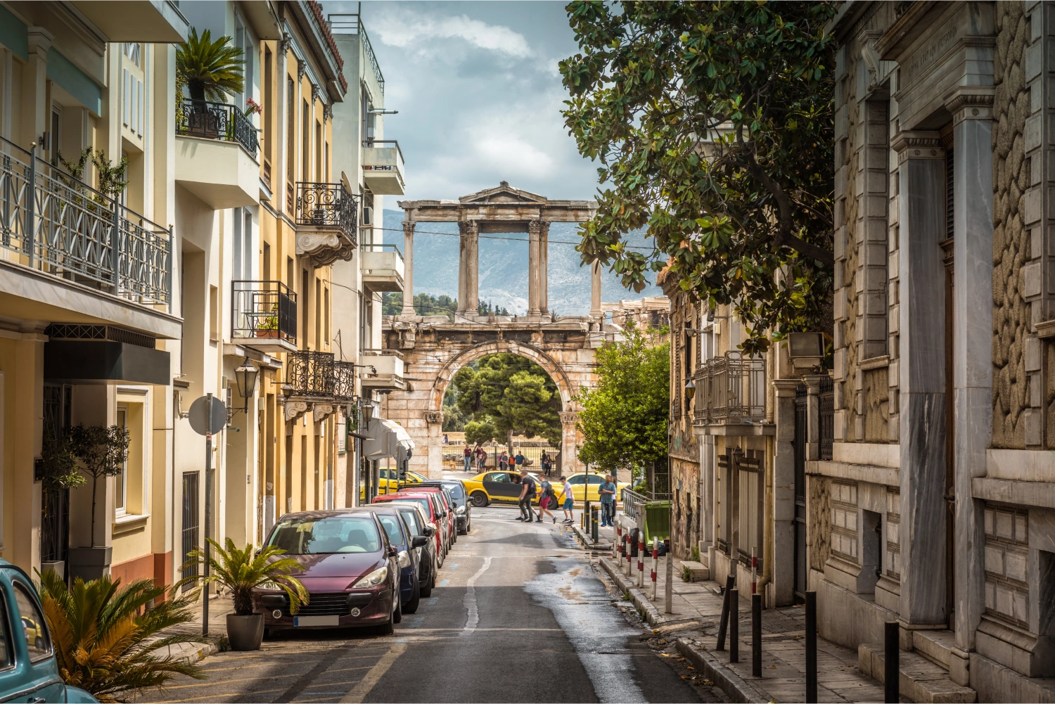 View of the Temple of Olympian Zeus (Olympieion or Columns of the Olympian Zeus) and Hadrian's Gate in Athens, Greece
