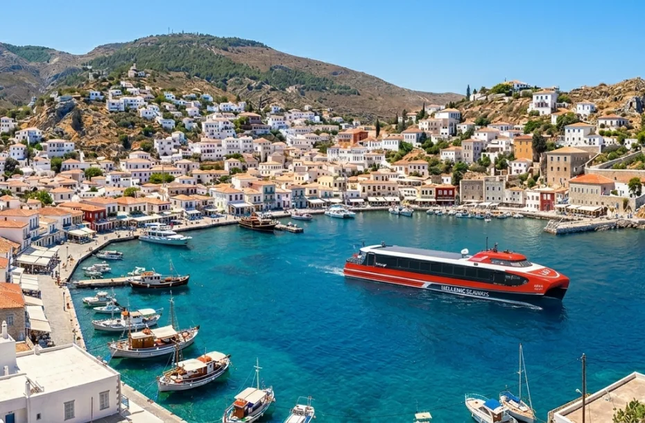 High-speed vessel reaching the port of Hydra
