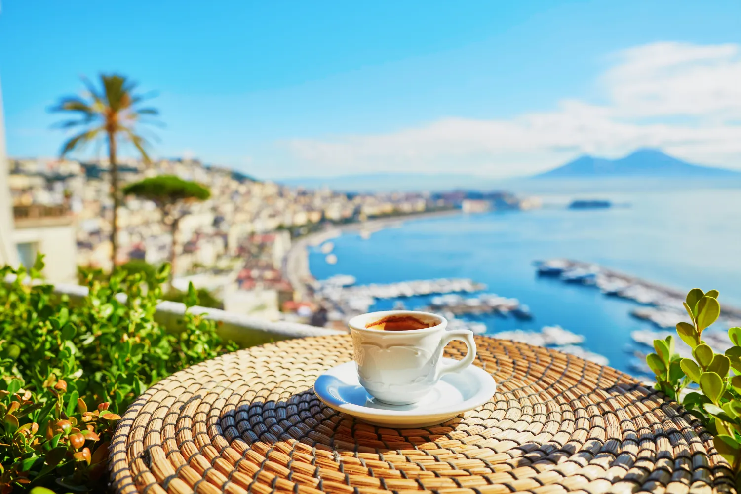 Cup Of Fresh Espresso Coffee In A Cafe With View On Vesuvius Mount In Naples