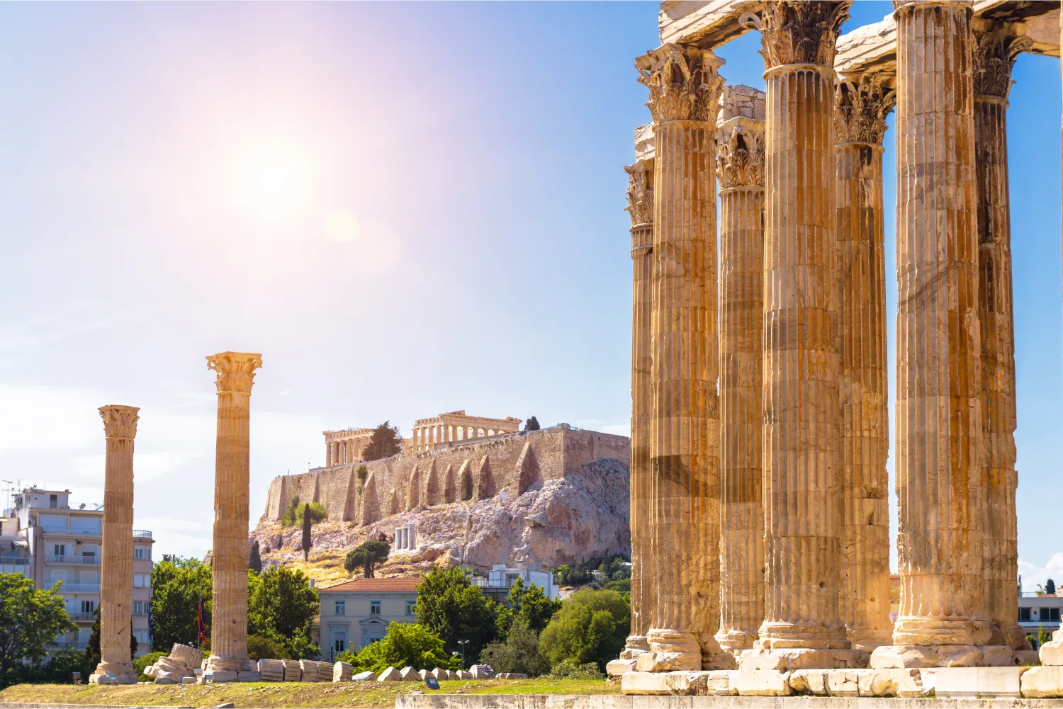 Athens Athens View Zeus Temple Overlooking Acropolis Greece Ancient Greek Ruins Famous Landmarks Of Athens City Scenery Of Great Columns Of Classical Building In Athens Center Travel In Greece Theme image