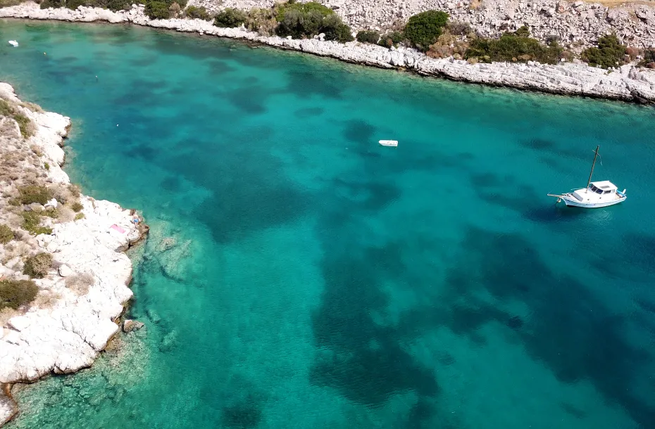 Aerial view of the turquise waters of Schinoussa