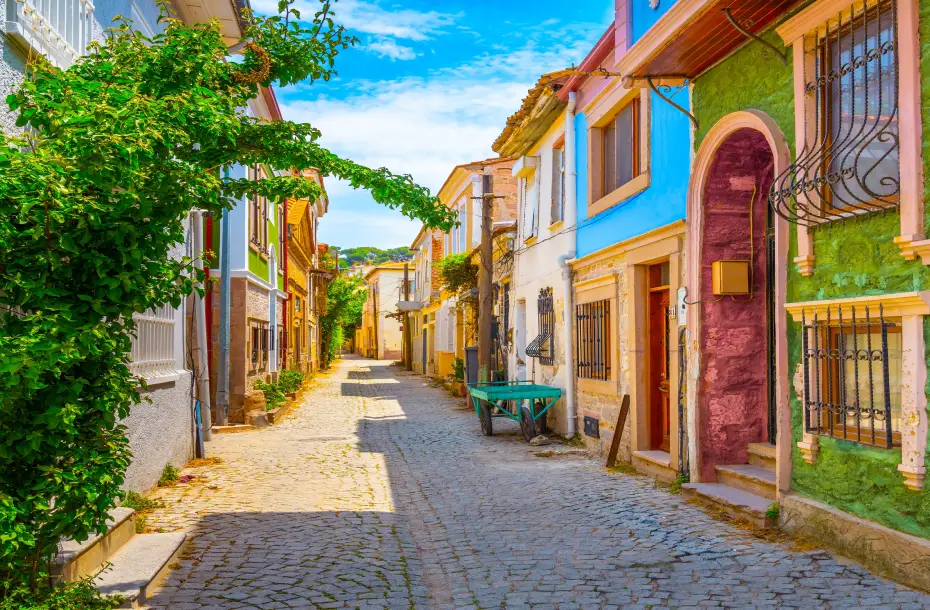 Charming paved street with colofrul houses and plants in Ayvalik, Turkey