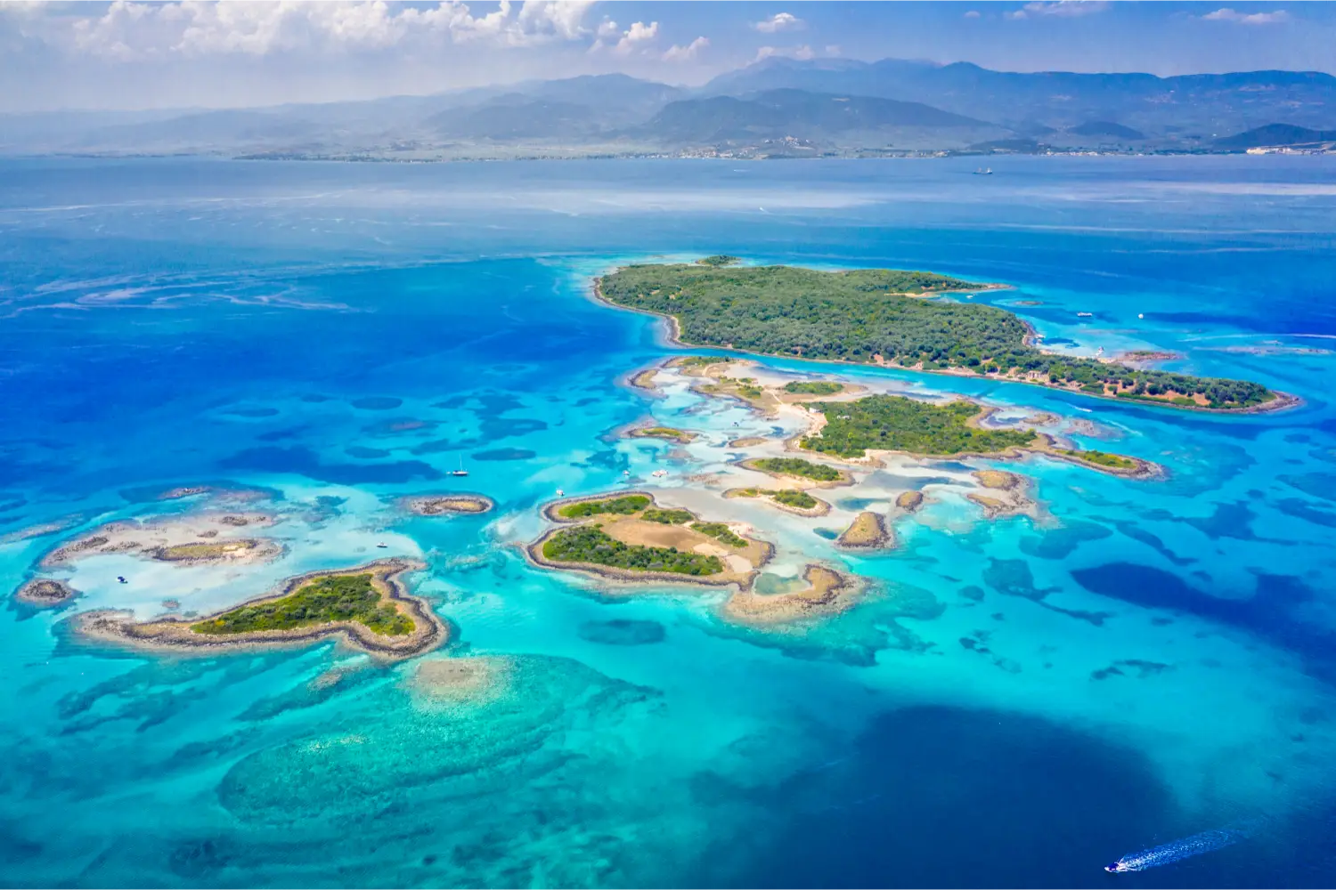 Aerial dronie view of an amazing island complex in Greece