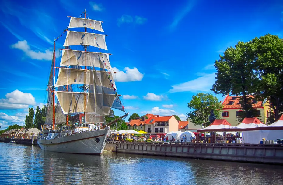 The training sailing ship "Meridianas" with its restaurant, at the port of Klaipeda