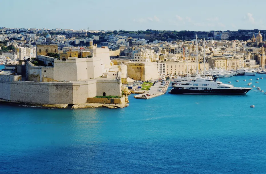 View of the old town of Malta and the port with docked yachts