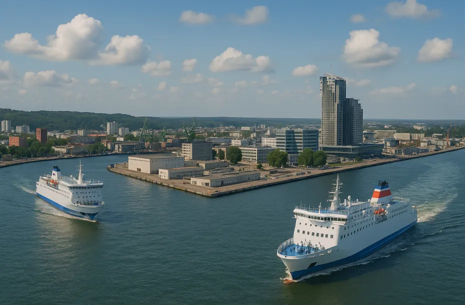 The ferry port of Gdynia with ferries departing