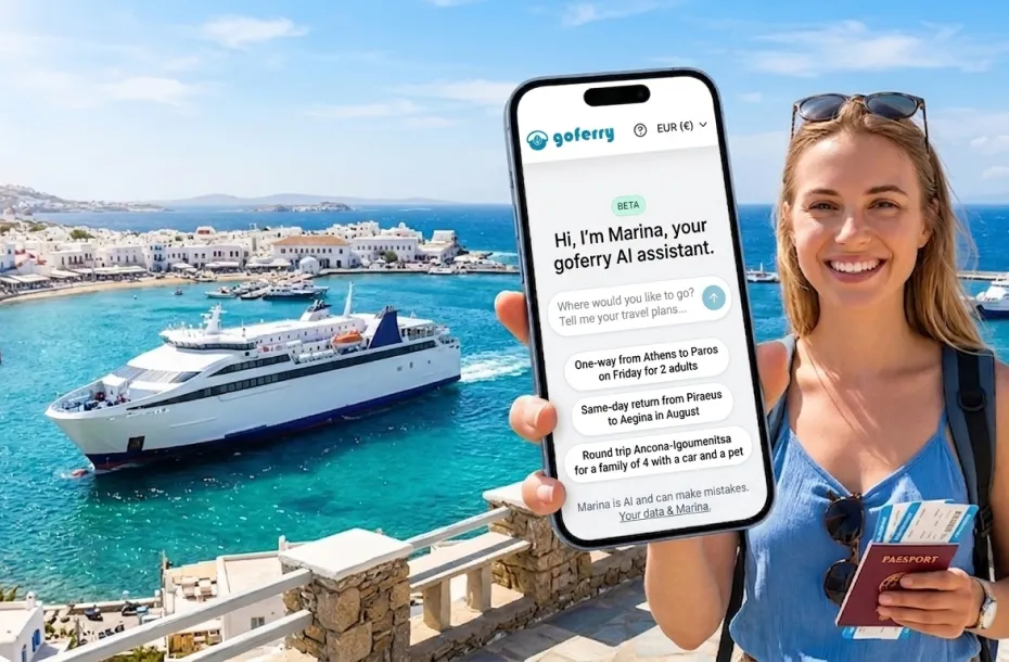 Woman holding her mobile phone with the goferry's "Marina" digital assistant on. Mykonos Old Port with a ferry in the background.