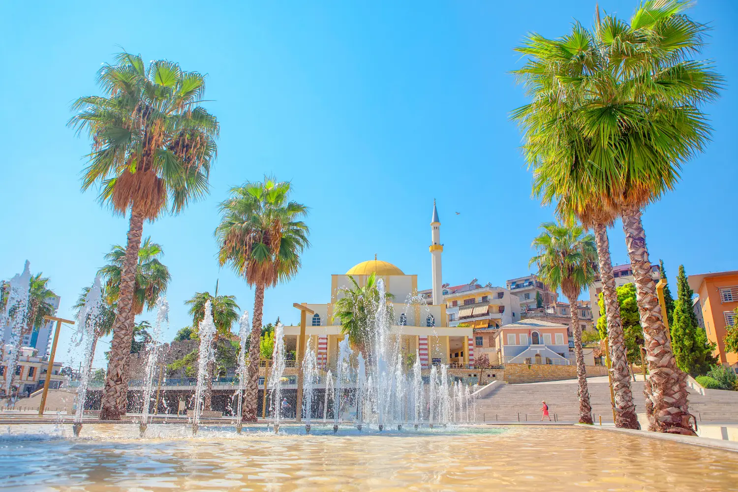 view of the fountain and palm trees of the Great Mosque In Center Of Durres