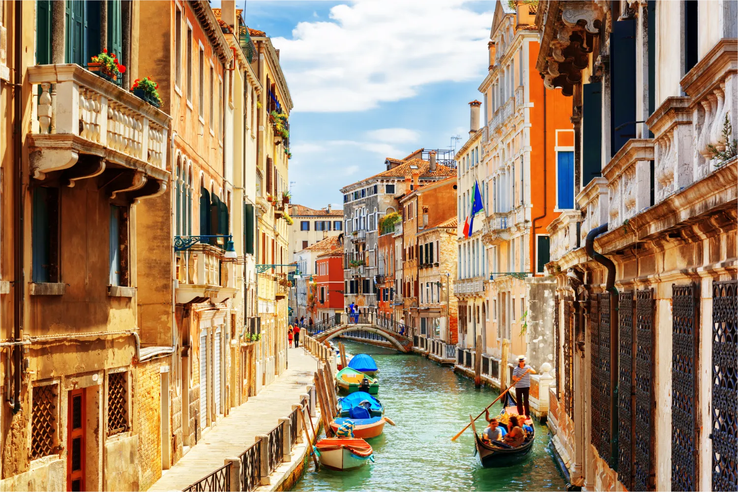 Rio Marin Canal With Boats And Gondolas From The Ponte De La Bergami, Venice