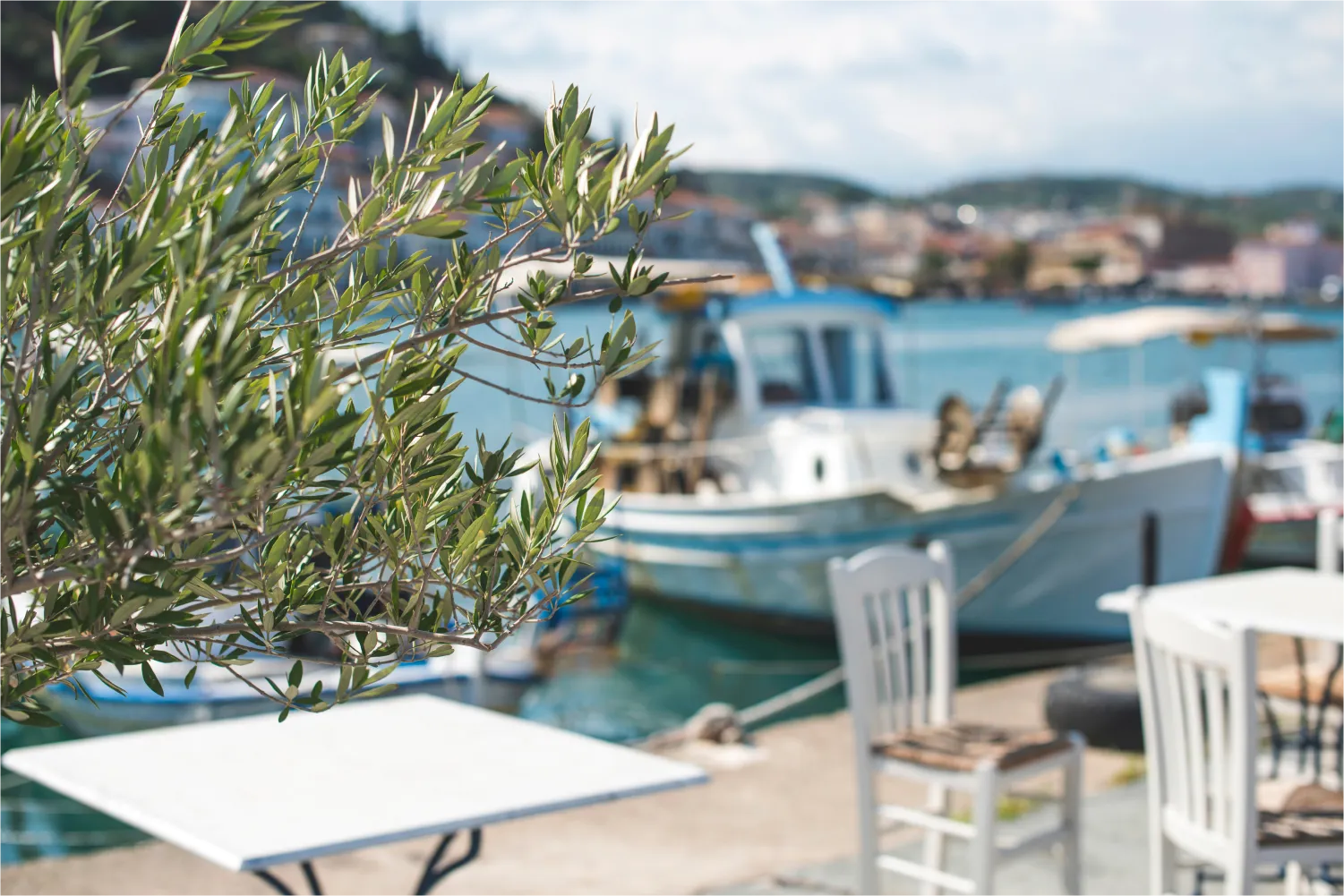 View from a tavern to the fishing port of Gythio Landscape Of A Small Harbor in Kalamata