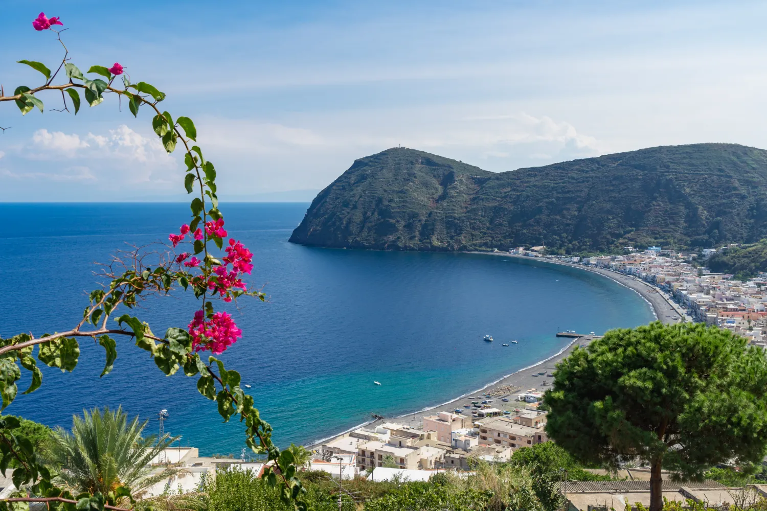 Aerial view of the port of Lipari and its long coast