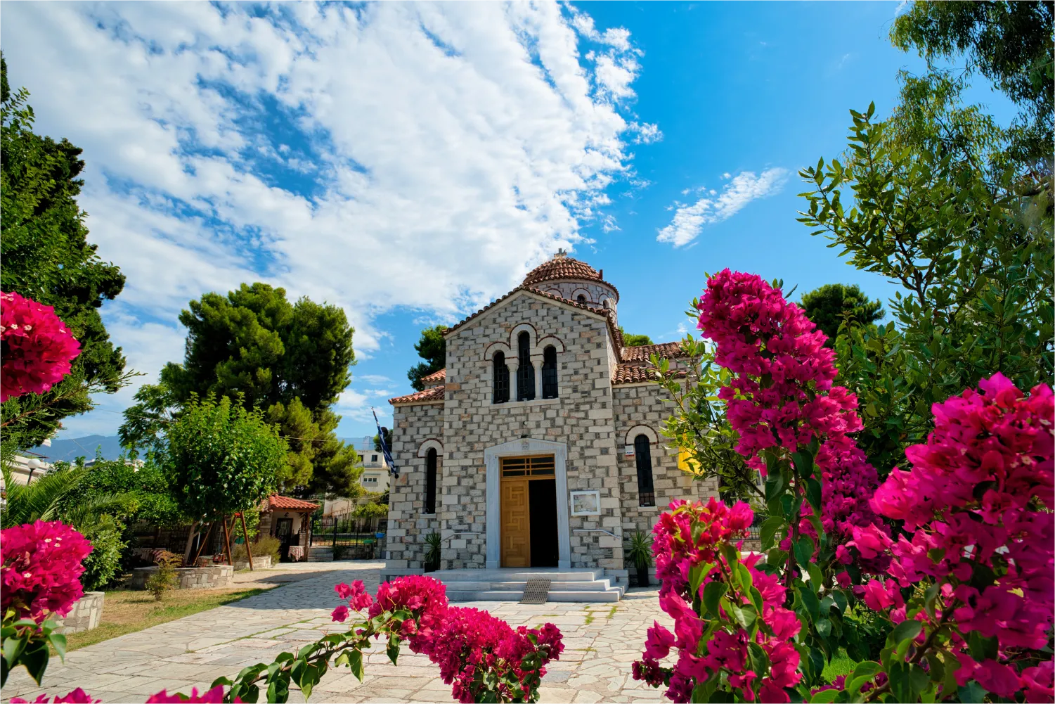 A church with a beautiful garden in Volos city