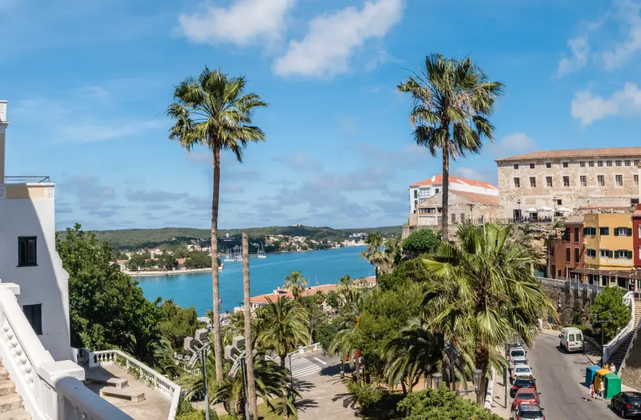View of Mahon Old Town and the port in the background, behind tall palm trees