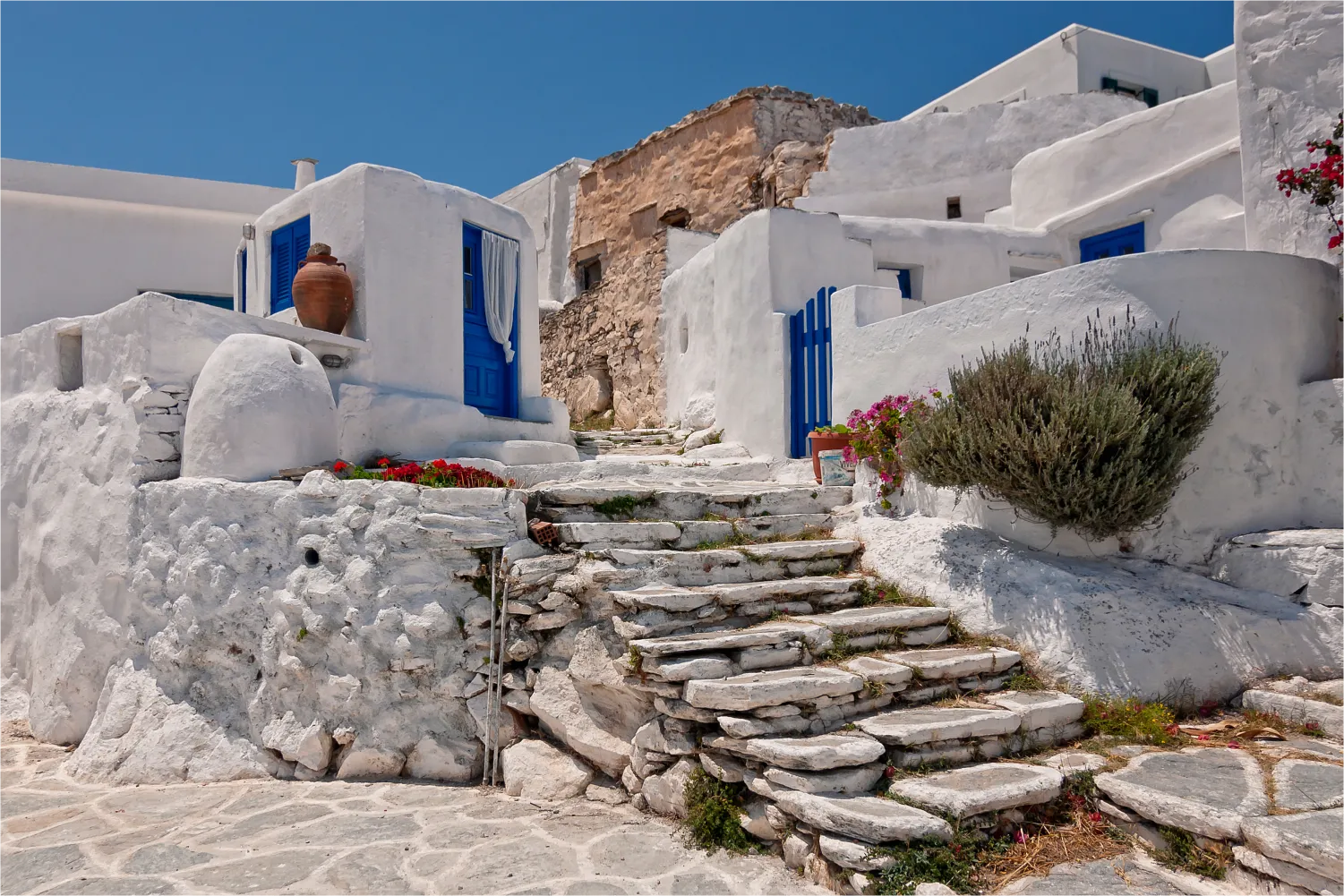 White houses with bluw doors in Sikinos Island