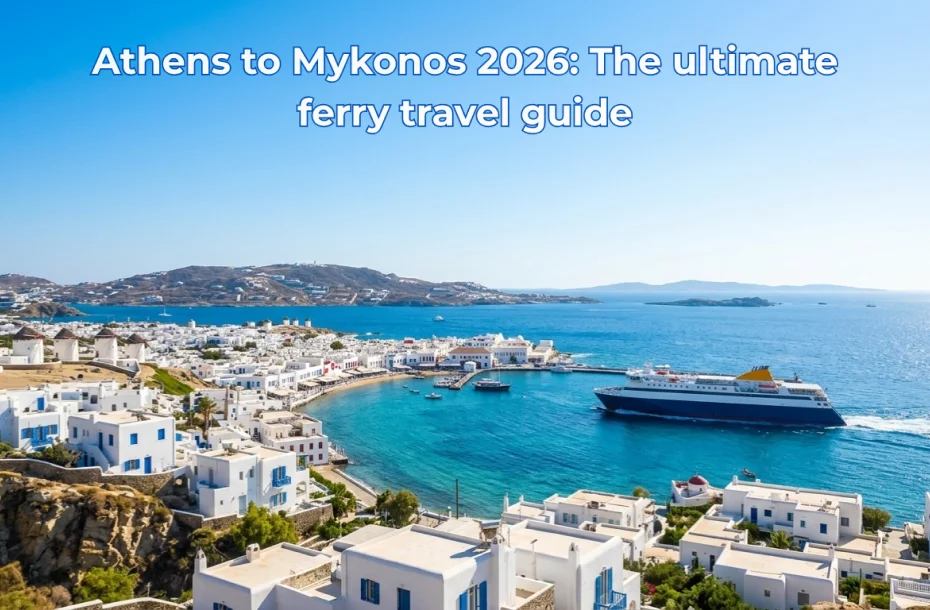 Conventional ferry reaching the port of Mykonos