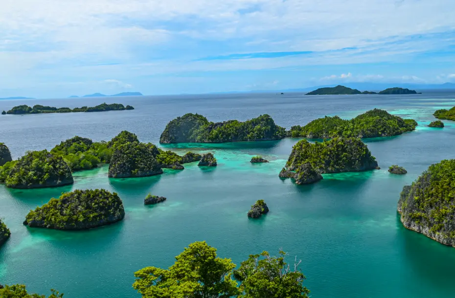 Aerial view of Raja Ampat islands in Indonesia with limestone karsts, turquoise lagoons and lush green tropical vegetation.
