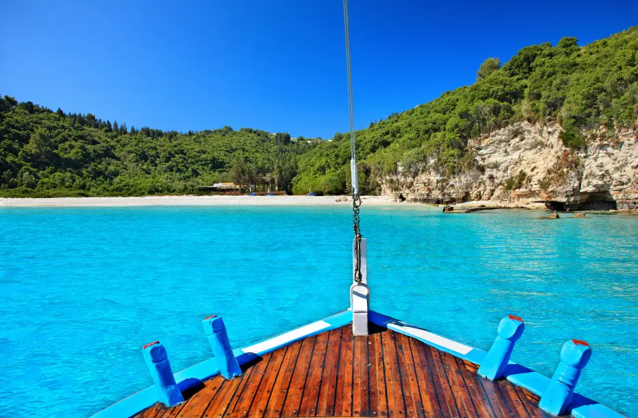 Approaching the exotic Voutoumi Beach of Antipaxos, oppose to Paxi