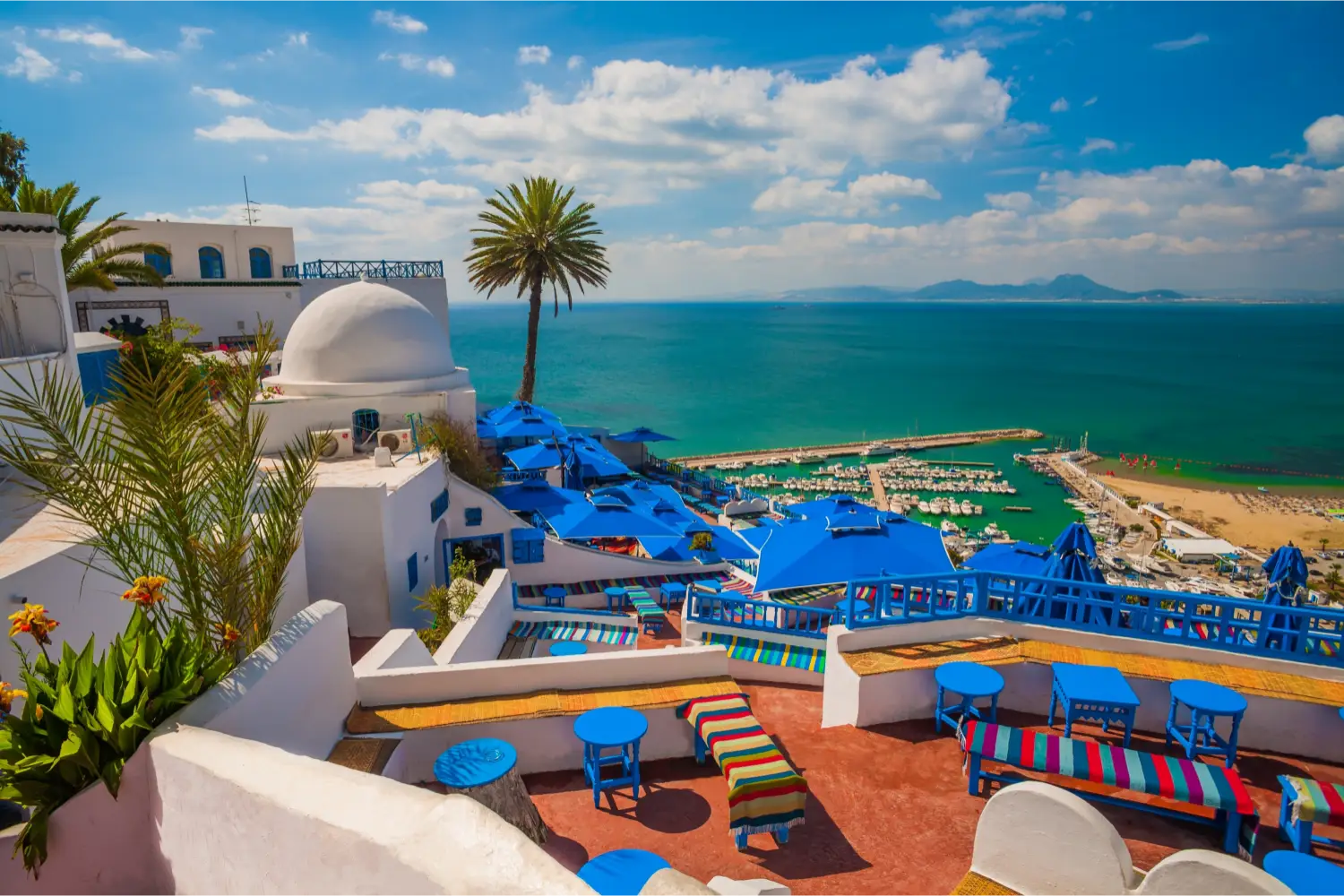 View of a marina in Tunisia from a hotel balcony